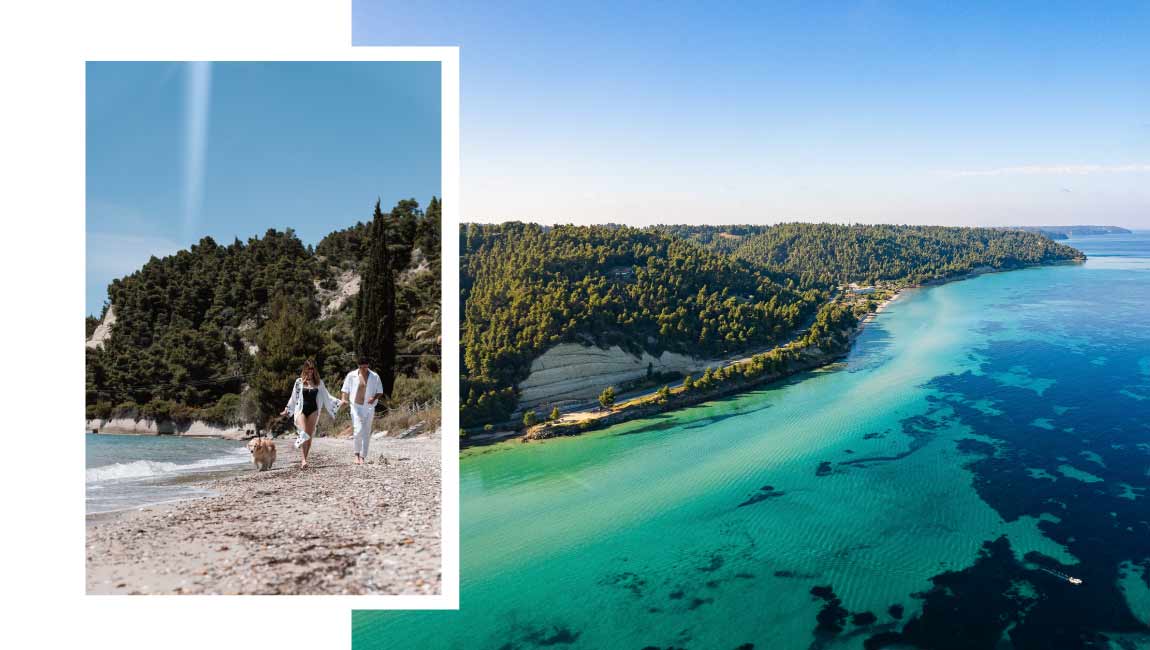 Couple on Halkidiki beach and coast view.