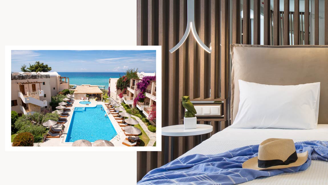 Hotel room and outdoor swimming pool with sea views at Olympion Sunset in Halkidiki