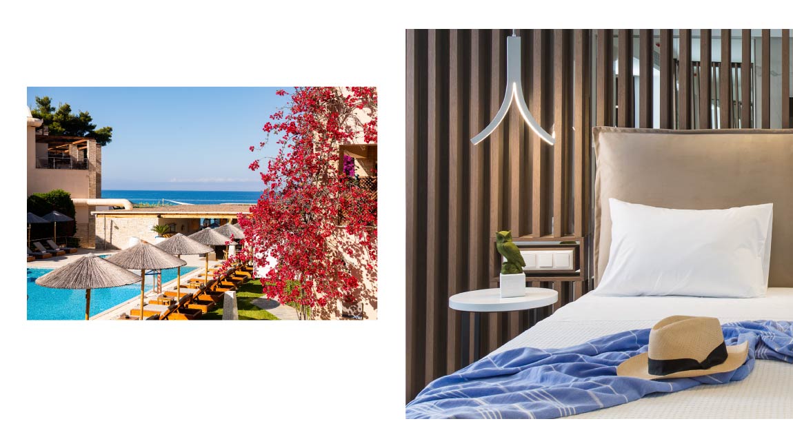 Guest room and swimming pool at Olympion Sunset in Skala Fourka, Halkidiki