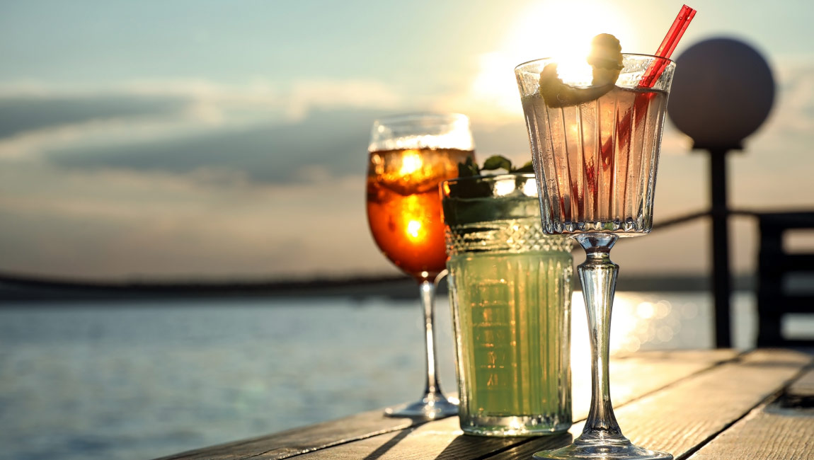 Beach bar with served cocktails near the sea in Halkidiki